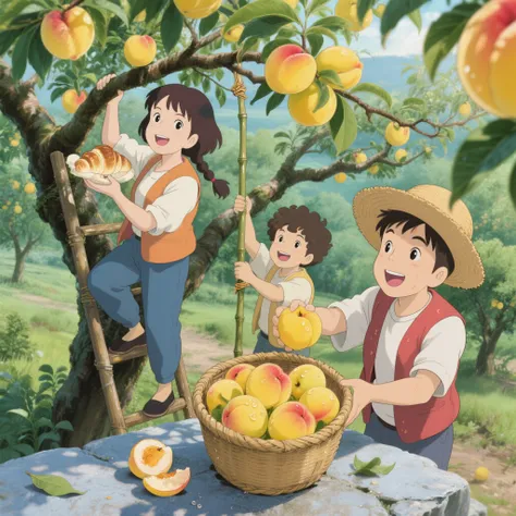 Healing illustrations，wide-angle lens，Hayao Miyazaki style，Can be seen from a bird's-eye view
Scenes of yellow-skinned fruit trees in the southern countryside in the 90s，Three ren in polyester vests take a wooden ladder to pick fruit，the girl with a croissant pull the branches on her feet，The boy with curly hair uses a bamboo pole to tie up the branches，A round-faced boy wearing a straw hat pulls up his clothes and arranges yellow peaches，Sweaty hair sticks to the reddish forehead，The golden yellow peel sticks to the curved branches，The green leaves that fall on the bluestone slab，Bamboo basket filled with fruit with dew drops，The ultra-high-definition 8K image quality shows the translucent texture of the fruit peel，to form light spots through the crown in the afternoon，Use Fuji Pro 400H film color，low-angle camera captures ren laughing as they compete for the greatest fruit
