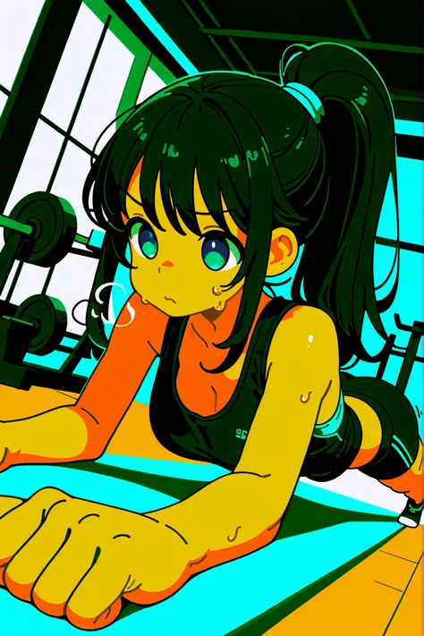 Dutch Angle , (very well detailed:1 . 3) 、8k, Highest Quality,1 girl,solo,black hair、blue eyes、ponytail、sports gym,heavy breathing with cat and p, ,tank top,long hair,sweat, masterpiece, Highest Quality, とても美的, Push ups, Chest、Strength Training