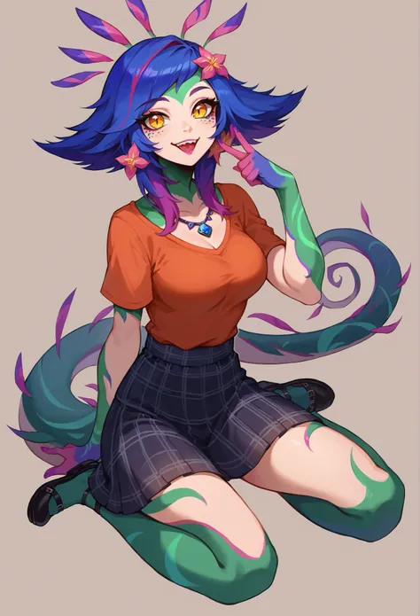 Neeko is sitting with a mischievous smile her shirt was black written rock.... And a red and black plaid skirt she looked like a gothic rocker.... uma pose bem sexy