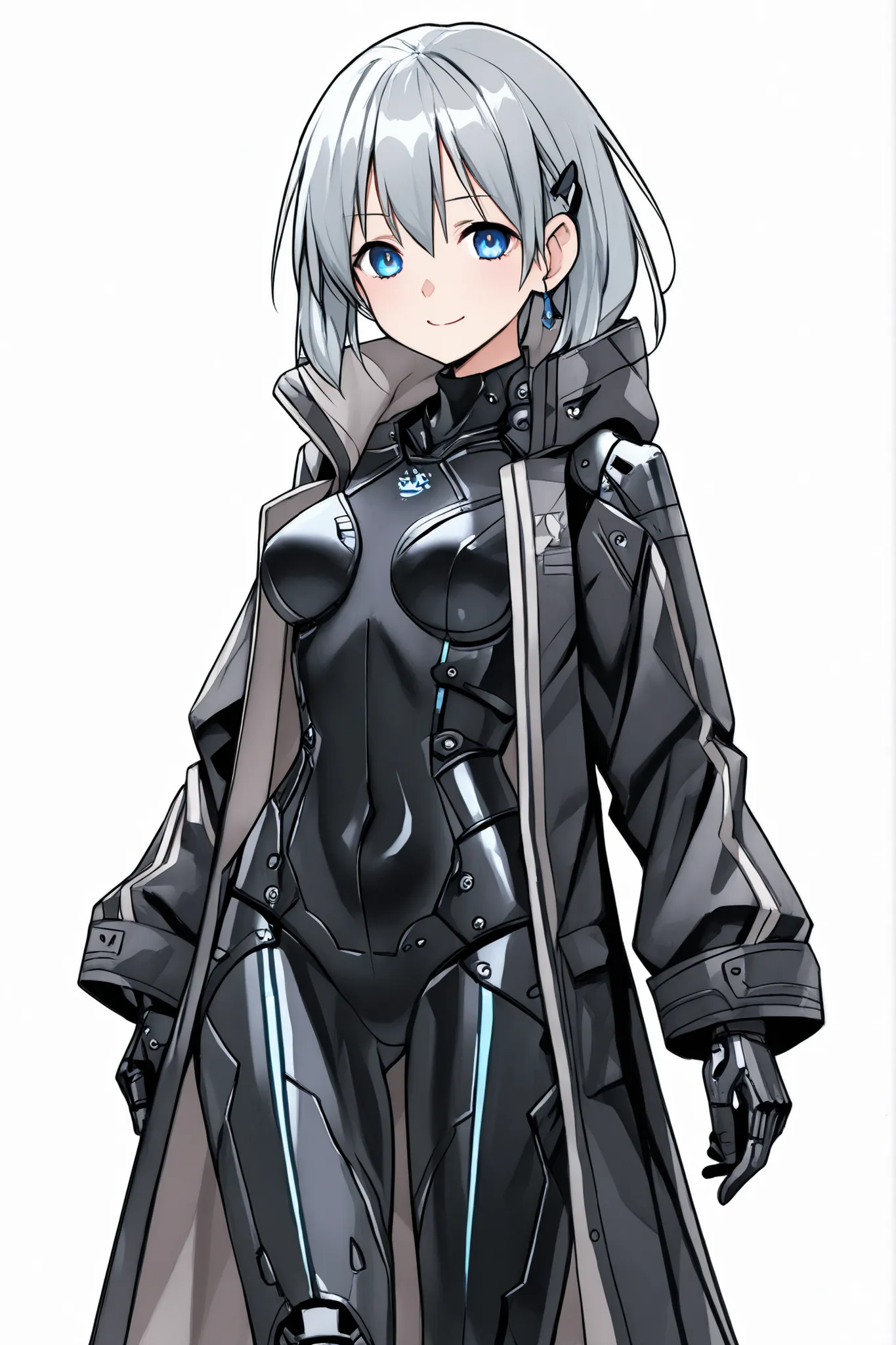 blue eyes、long gray hair、boyish、bodysuit、(mechanical joints、long coat、smile) 、((Young physique、 lori))、anime style、high image quality、High Quality、Research Facility、sexy、erotic、1girl