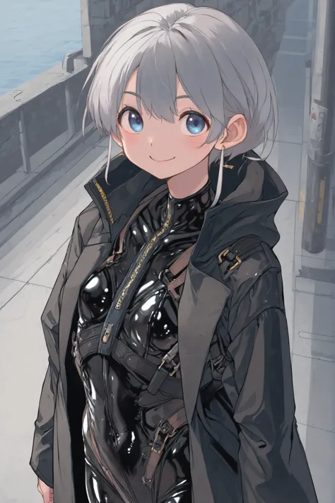 blue eyes、long gray hair、boyish、Latex Suit、(long coat、Magical Girl、smile) 、((Young physique、 lori))、anime style、high image quality、High Quality、、sexy、erotic、1girl,body harness,