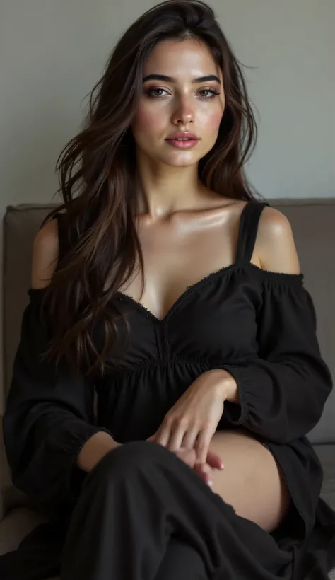 close up, a beautiful girl in black cloth is sitting on sofa ,look at camera, half body