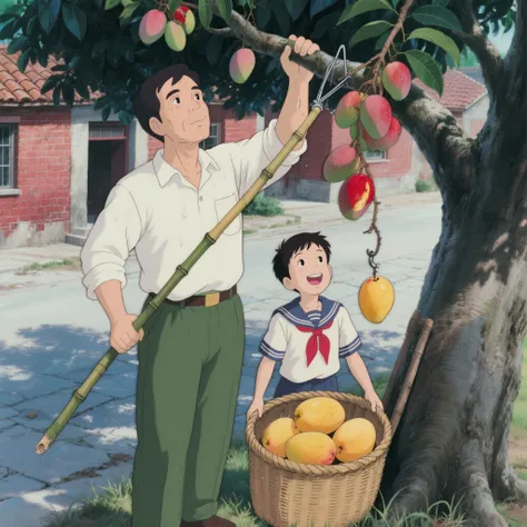 Healing illustrations，wide-angle lens，Hayao Miyazaki style， From the top, you can see
Under the mango tree in the southern countryside in the 1980s， The middle-aged man wears a white Dacron shirt and military green trousers， The hand holds the bamboo pole with a Y-shaped hook made of iron wire tied to the top， Focused on hitting the mango branches high up， Sweat drops slide down the dark face， The boy in a sailor shirt next to him stands on tiptoe and holds a rattan basket to catch the falling fruits， There are already 4 golden mangoes piled in the basket。 The mango tree has a gray-brown trunk that is as thick as three people hugging， The umbrella-shaped tree canopy is covered with oval dark green leaves， The heavy clusters of mangoes bend the branches， Some fruit peels are rouge red。 The background is red brick and tile houses and bluestone roads， Mottled sunlight sprinkles between the tree shadows， The bamboo basket is leaning against the roots of the tree and filled with dewy mangoes， The boy looks up and shows a smile with missing front teeth， A little grass debris is stained on the corners of the clothes， The picture uses nostalgic tones and shallow depth of field，The film retains a slight grainy feel