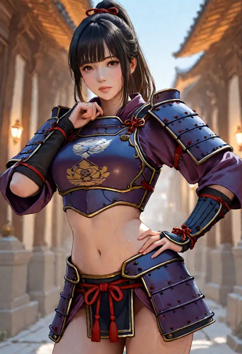 Female samurai armor warrior in the Castle))),high ponytail hair,blunt bangs,purple samurai armor warrior costume:1.4,very detailed, 4K,、In Castle:1.4,((mini skirt,up skirt)),((Loincloth visible)),cool posing ,Realistic drawing:1.5、 realistic samurai armo...