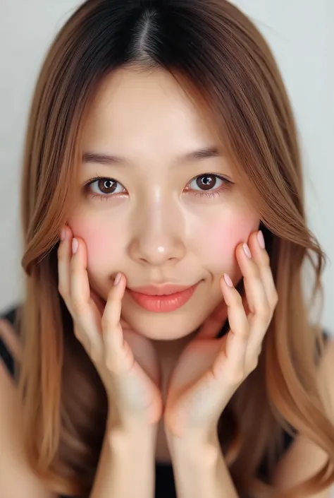 extreme close-up portrait, beautiful girl with her love-struck, radiant face filling the entire frame (95% face ratio), gently placing both open hands on her flushed cheeks with soft fingers, soft black camisole, white blurred background, eyes dreamy and h...