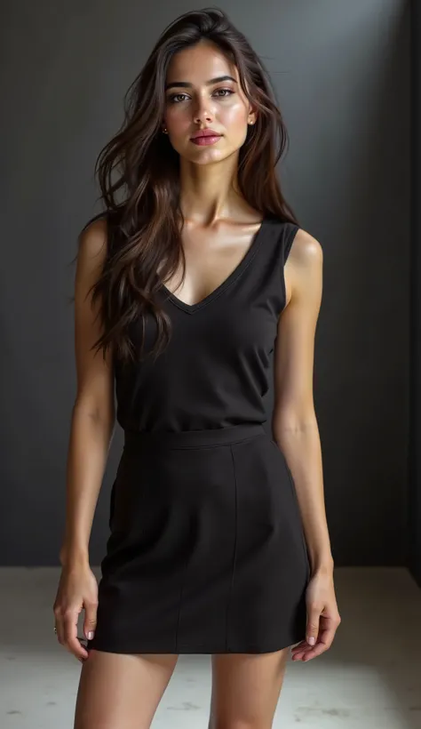 close up, a beautiful girl in black mini skirt is standing on stage ,look at camera, half body