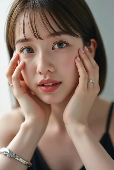 extreme close-up portrait, beautiful girl with her love-struck, radiant face filling the entire frame (95% face ratio), gently placing both open hands on her flushed cheeks with soft fingers, soft black camisole, white blurred background, eyes dreamy and h...