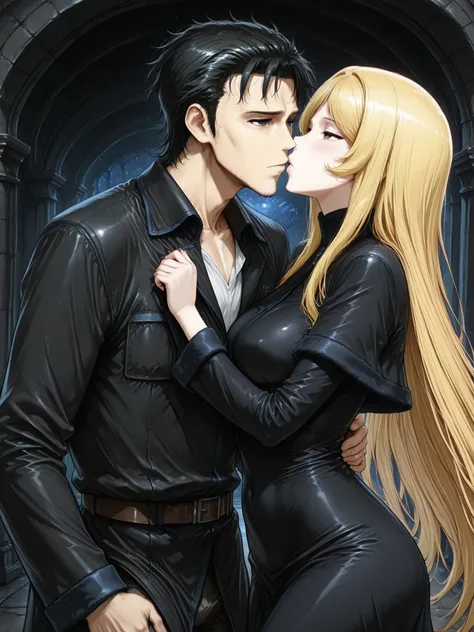 ((Best Quality)),( super high definition),(Super detailed),( detailed description ),((The best CG)),(masterpiece), dark dungeon,dark cave,lanthorn,(1boy and 1girl,1boy is a Okabe rintaro, 1 girl is THE GALAXY EXPRESS 999_Maetel,the girl kiss the boy)