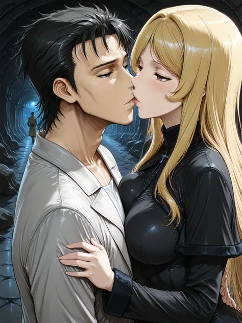 ((Best Quality)),( super high definition),(Super detailed),( detailed description ),((The best CG)),(masterpiece), dark dungeon,dark cave,lanthorn,(1boy and 1girl,1boy is a Okabe rintaro, 1 girl is THE GALAXY EXPRESS 999_Maetel,the girl kiss the boy)