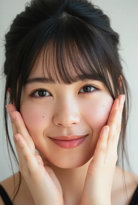 extreme close-up portrait, beautiful girl with her love-struck, radiant face filling the entire frame (95% face ratio), gently placing both open hands on her flushed cheeks with soft fingers, soft black camisole, white blurred background, eyes dreamy and h...