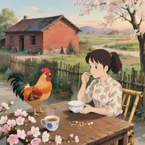 Healing illustrations，wide-angle lens，Hayao Miyazaki style，From a perspective, you can see，raw tea on the wooden table Pearl milk tea in a porcelain cup {x} Half aerial view of a spring evening in rural China in the 90s，red brick farmhouse，and stared intently at the table with two enamelled roosters，to find out a few pink white apricot flowers，holding a white porcelain bowl in a small sipping， with a double ponytail wearing a floral cloth shirt，orange roosters its neck and pecks，flower wing up its wings，outside the bamboo fence，Warm film texture，8k ultra-clear rendering，nostalgic watercolor brushstrokes and grainy images