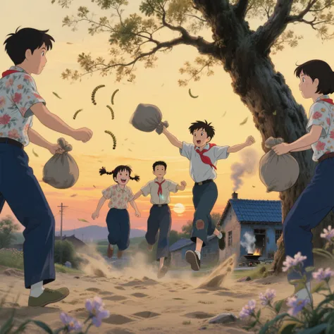Healing illustrations，wide-angle lens，Hayao Miyazaki style，From a perspective, you can see，A northern village at dusk in the 1980s，Amber sunset dyes the sky，A sturdy old locust tree。Two groups of people wearing floral short-sleeved shirts、ren in dark blue cloth pants are at both ends of the picture，In the middle, three ren are jumping to avoid sandbags：A boy with a red scarf leans back and reveals a patch on his trouser leg，A girl with twin ponytails laughs and shows her gap teeth，A tall and thin boy keeps balance on one foot。A boy wearing Liberation shoes on the throwing side swings his arms to throw a gray cloth sandbag，Sandbags as big as fists，Sandbags draw arcs in the air，A round-faced girl on the receiving side opens her arms and stares at the flight trajectory。A blue-tiled house with smoke curling from cooking can be seen in the distance。with yellowed film texture，Accurate motion blur processing of characters，Sweaty hair and sandbags are clearly visible，Falling locust flowers embellish the picture space。