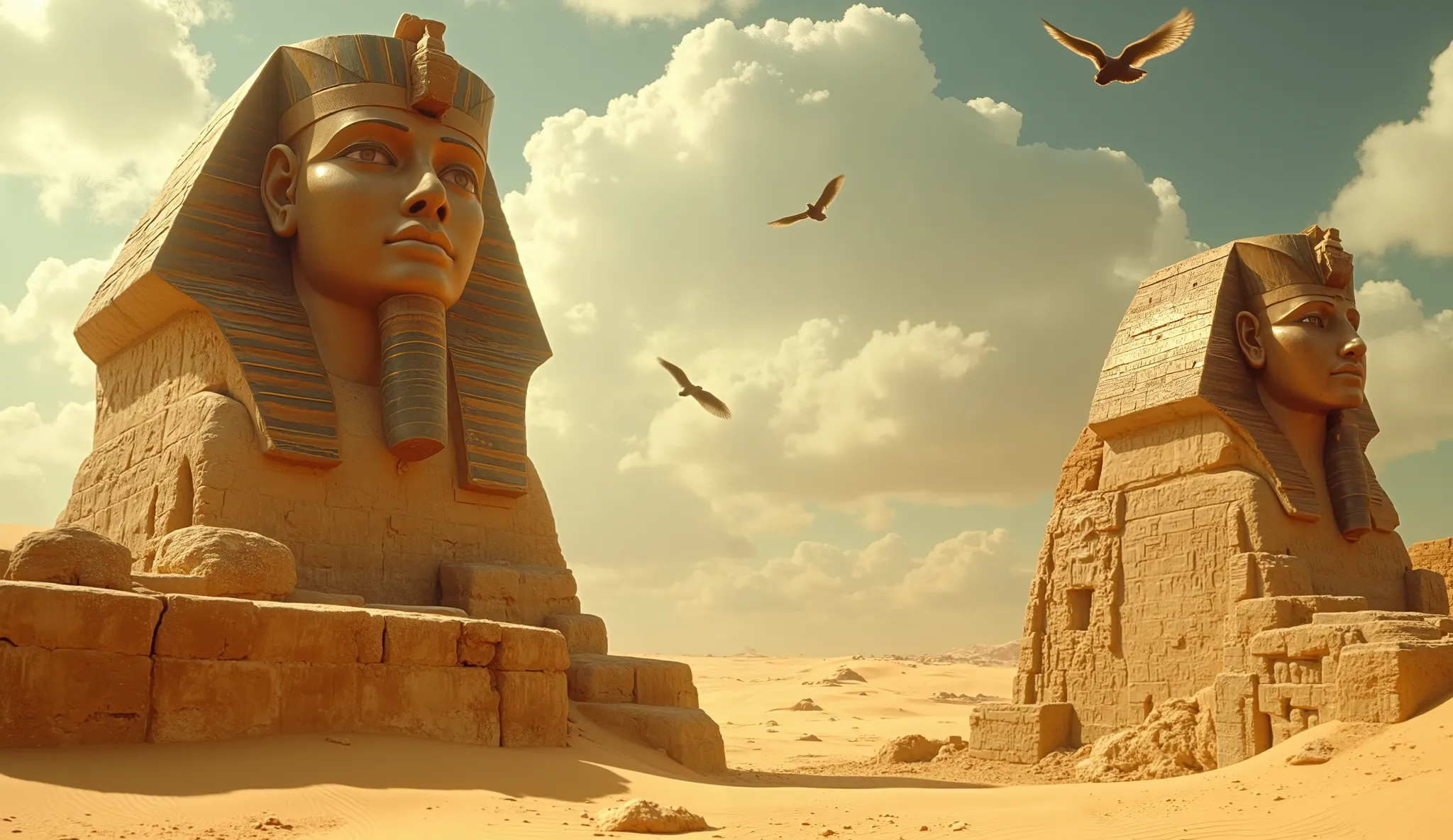 1950d, Low-angle shot of colossal Egyptian statues carved into stone, towering over the desert, with the vast sky stretching beyond. Small birds flying in sky 