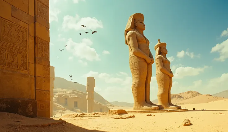 1950d, Low-angle shot of colossal Egyptian statues carved into stone, towering over the desert, with the vast sky stretching beyond. Small birds flying in sky, cinematic shot