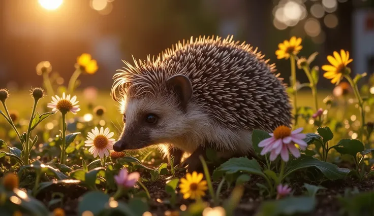 Hedgehog with Short Curly Bangs in a Garden – At dusk in a quiet garden, a female hedgehog snuffles along a flower bed, her spines styled into short, curly bangs across her tiny forehead. She pauses to sniff a blooming flower, her quirky, delicate hairstyl...