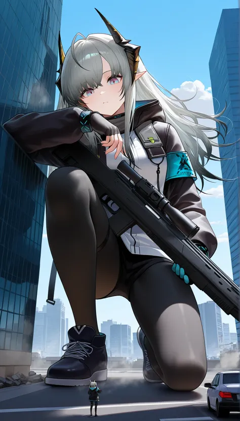 1girl, solo, jacket, weapon, gun, leaning on a building, sqatting with one knee, carefully, alert,, ela_arknights, masterpiece, best quality,giantess,銃を足元に向けている,深い緑色の髪,軍用装備,帽子,