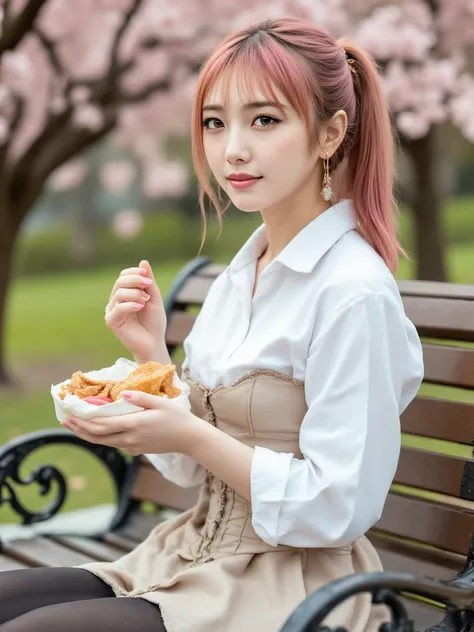 nsfw,front view,((park:1.5)) ,20years old,high ponytail,(pink hair:1.5),((pink lips:1.0)),bangs,(an earrings) , ((brown eyes:1.5)), medium breasts ,beige bustle mini skirt, white Shirt,beige corset top,black stockings,eating lunch box,high heels,(grin),sit...