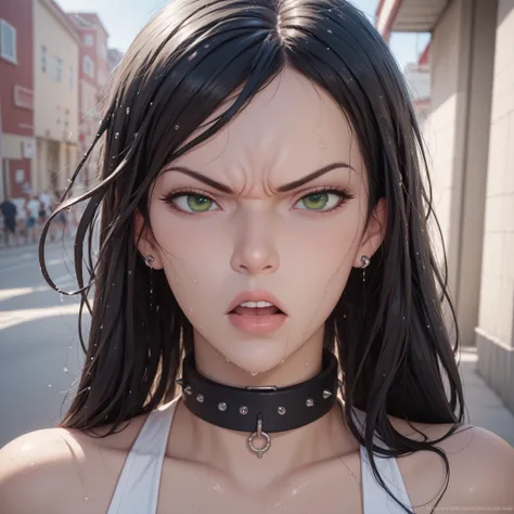 Headshot of a beautiful woman with long black hair, hair down, (wet hair), piercing green eyes, cute face, hourglass figure, angry eyes, lips parted, mouth open, ((snarl)), angrystarememe, half-closed eyes, shadow, glaring, angry, looking at viewer, (head...