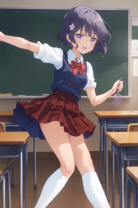 1 girl、high school girl、White High Socks、ribbed high socks、Pure white socks、pleated miniskirt、uniform、Dance in the classroom 、masterpiece、Highest Quality、beautiful skin、Delicate Expression、Calm Look、natural posture、fine texture、beautiful background、sunligh...