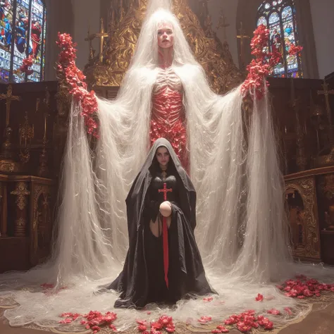 (Best Quality,4k,8k,high resolution,obra-prima:1.2),(((giant cross:1.37))),,hooded black robe, The nun and the skeleton godfather in the church,sangrento,red lily,red chrysanthemum,chama,luz.