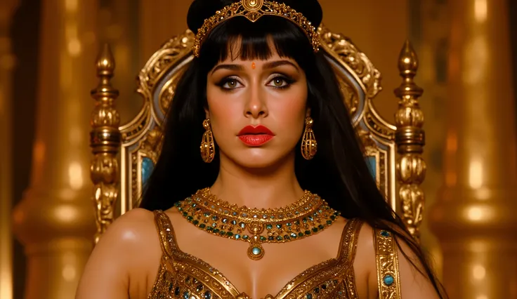 1950s,Close-up shot of beautiful queen Cleopatra with bangs in regal attire sparkling rich jwellery, her gaze powerful, sitting on throne.cinematic shot.looking at camera and smirking