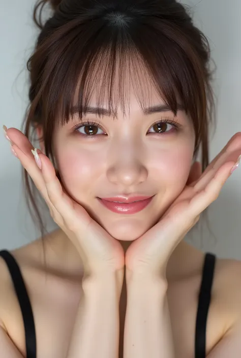 extreme close-up portrait, beautiful girl with her love-struck, radiant face filling the entire frame (95% face ratio), gently placing both open hands on her flushed cheeks with soft fingers, soft black camisole, white blurred background, eyes dreamy and h...