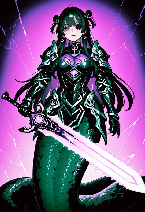 Lamia style girl. Centipede body. Black snake. Green scale pattern. Black hair ornament. Armor knight. Bright hair. Long hair. Asymmetric eyes. Snake eyes. Snake skin face. Anchor charm on collar. Black armor. Purple decoration. Holographic crack costume. ...