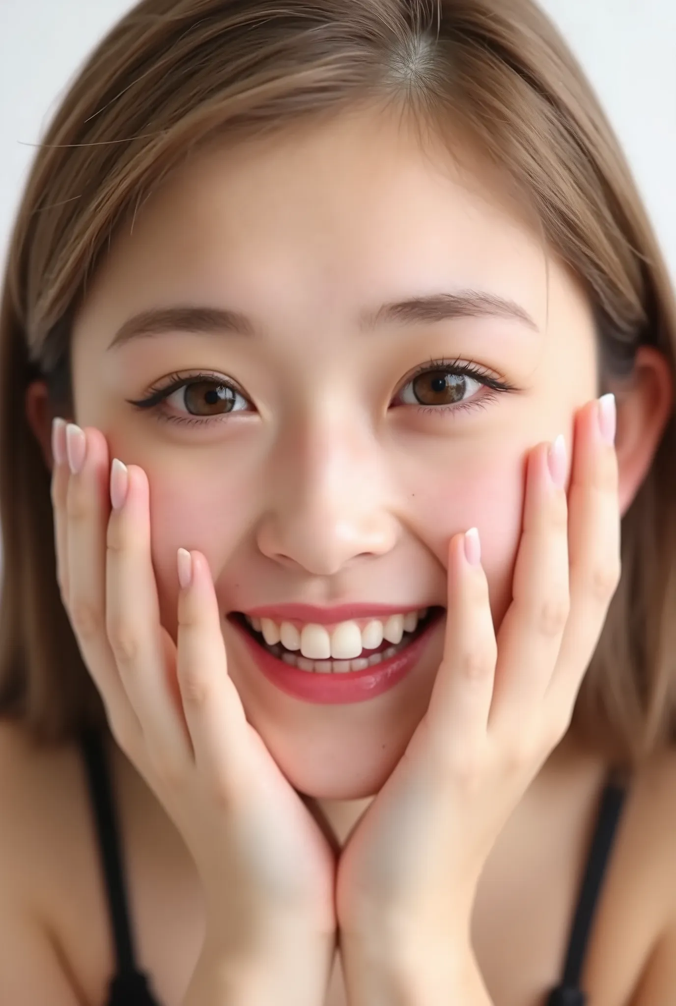 extreme close-up portrait, beautiful girl with her love-struck, radiant face filling the entire frame (95% face ratio), gently placing both open hands on her flushed cheeks with soft fingers, soft black camisole, white blurred background, eyes dreamy and h...