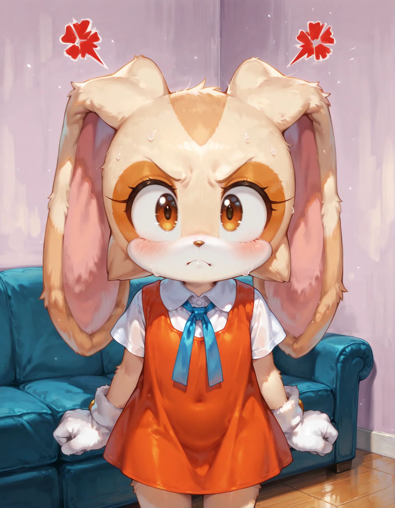 masterpiece, best quality, very aesthetic, 1girl,,, (anger, frown, standing, cowboy shot, solo, 1girl, arms at sides, solo), cream the rabbit, body fur, fluffy fur, young, , toddl, looking at viewer, living room, cute pose, orange dress, blue neck ribbon, ...