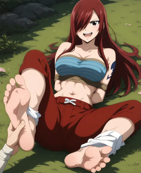 Erza's arms tied up, laying on her back, barefoot, feet soles tickled by a hand, Sarashi bandage top, exposed midriff, red loose pants, Erza hysterically laughing, tears from Erza's eyes, original character dressing, full body portrait, high quality, anato...