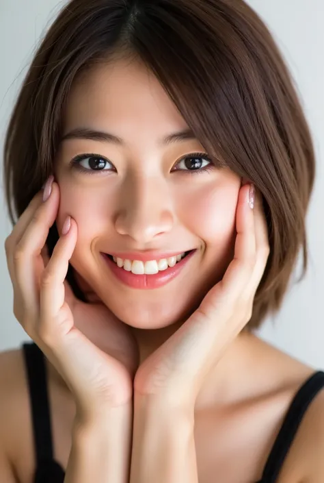extreme close-up portrait, beautiful girl with her love-struck, radiant face filling the entire frame (95% face ratio), gently placing both open hands on her flushed cheeks with soft fingers, soft black camisole, white blurred background, eyes dreamy and h...