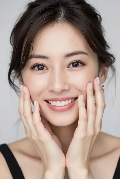 extreme close-up portrait, beautiful girl with her love-struck, radiant face filling the entire frame (95% face ratio), gently placing both open hands on her flushed cheeks with soft fingers, soft black camisole, white blurred background, eyes dreamy and h...