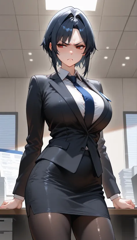 A Office Lady wearing A Black Suit,Black Pantyhose,Shiny skin,(Dark Blue short hair,hair intakes, parted bangs),(frown,scowl, v-shaped eyebrows, shaded),Slim body,big oppai,In Corporate Office,standing beside the Office Desk,UHD, SOLO, anatomically correct...