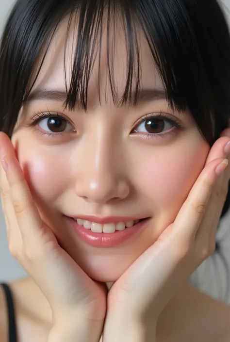 extreme close-up portrait, beautiful girl with her love-struck, radiant face filling the entire frame (95% face ratio), gently placing both open hands on her flushed cheeks with soft fingers, soft black camisole, white blurred background, eyes dreamy and h...