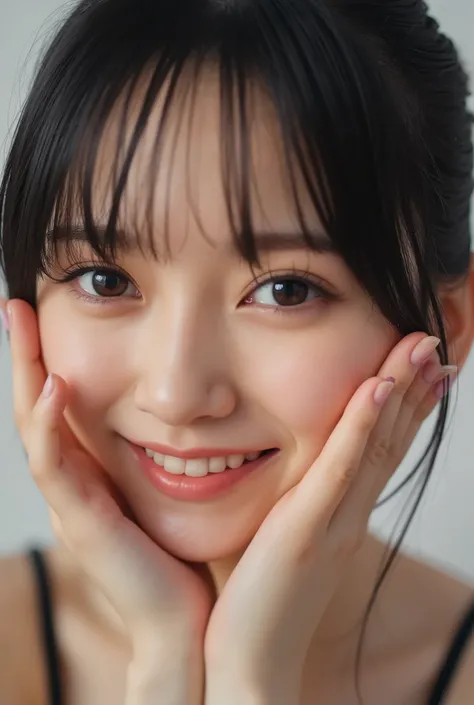 extreme close-up portrait, beautiful girl with her love-struck, radiant face filling the entire frame (95% face ratio), gently placing both open hands on her flushed cheeks with soft fingers, soft black camisole, white blurred background, eyes dreamy and h...