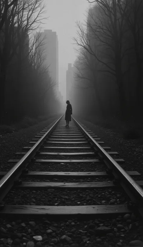 1925 Dramatic shot of the train track, track in which the ghostly and sinister figure in the distance of a dark woman, Faceless is floating on the, Cinematic, surreal style, with a dreamlike atmosphere. 