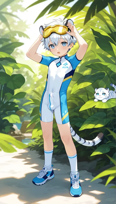 a boy, short hair,cute,一个棕发的穿着白色裤袜的 Shota, wearing goggles on the head, White Tiger Ears , masterpiece, best quality ,male focus, Shota,summer,Short sleeve,cowboy shot,Little Hero,happy,(( white socks)),sneakers,shota wearing a white form-fitting bodysuit ...