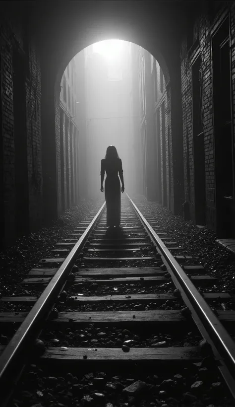 1925 Dramatic shot of the train track, track in which the ghostly and sinister figure in the distance of a dark woman, Faceless is floating on the, Cinematic, surreal style, with a dreamlike atmosphere. 