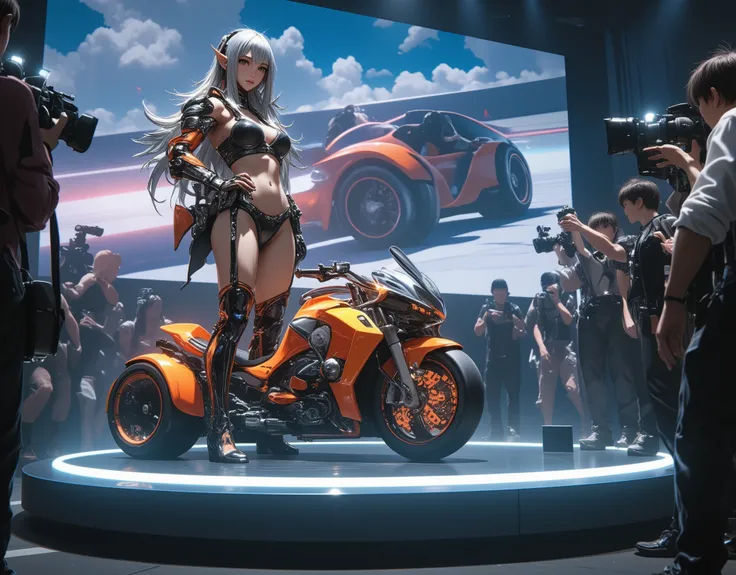 sexy elf woman, ultra busty, wearing tight and revealing grid girl outfit, glossy and stylish race queen costume, showing cleavage, short skirt, thigh-high boots, confident and seductive pose, erotic and glamorous mood, dramatic showroom, standing proudly ...