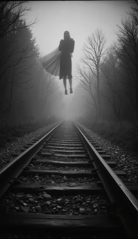 1925 Dramatic shot of the train track, track in which the ghostly and sinister figure in the distance of a dark woman, Faceless is floating on the, Cinematic, surreal style, with a dreamlike atmosphere. 