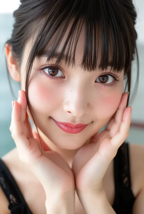 extreme close-up portrait, beautiful girl with her love-struck, radiant face filling the entire frame (95% face ratio), gently placing both open hands on her flushed cheeks with soft fingers, soft black camisole, white blurred background, eyes dreamy and h...