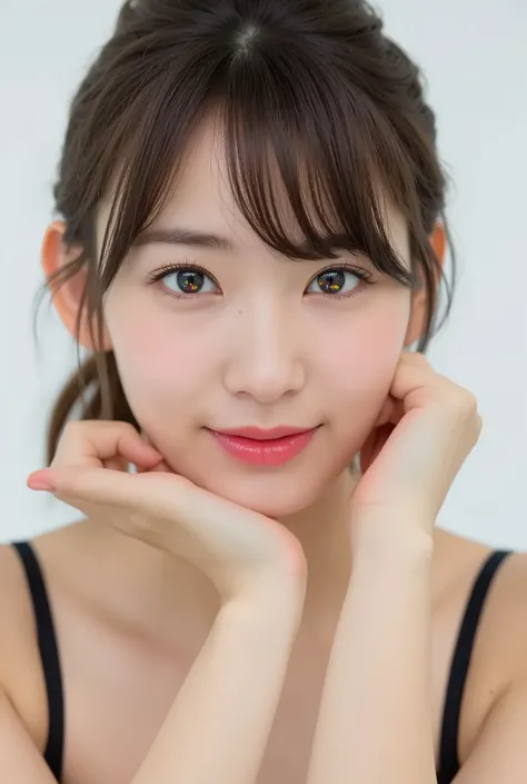 extreme close-up portrait, beautiful girl with her love-struck, radiant face filling the entire frame (95% face ratio), gently placing both open hands on her flushed cheeks with soft fingers, soft black camisole, white blurred background, eyes dreamy and h...