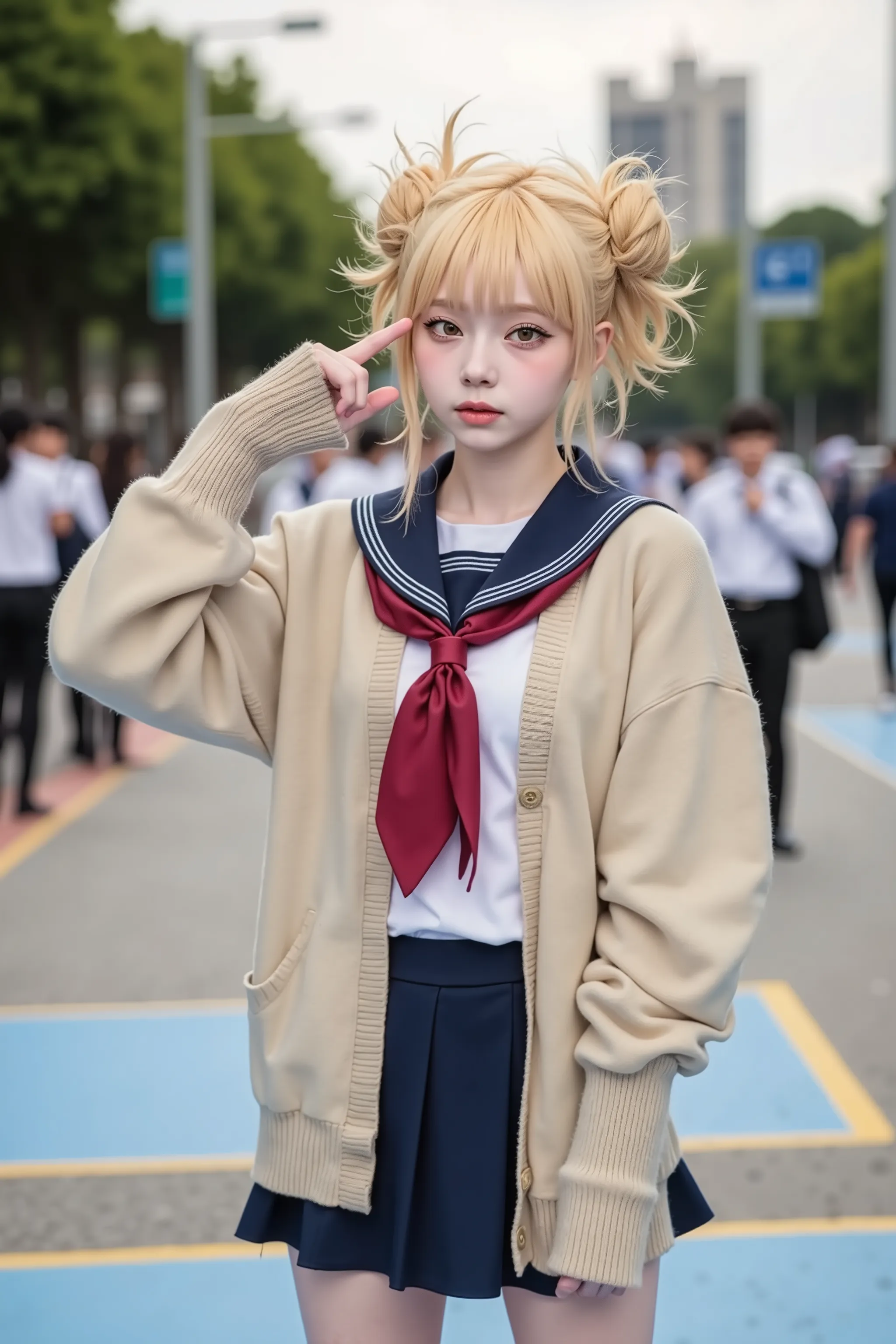 masterpiece, Highest Quality, complicated details, super real, realistic, Front-Facing Angle, 1 girl on break day, Unsuitable Smile,  ridicules, (full body, slim figure with low fat content,  Slim), platinum blonde hairstyle, twin tails, short hairstyles, ...