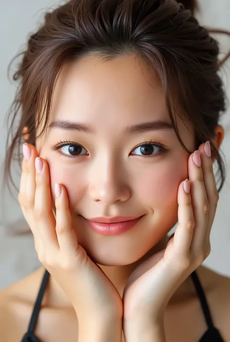 extreme close-up portrait, beautiful girl with her love-struck, radiant face filling the entire frame (95% face ratio), gently placing both open hands on her flushed cheeks with soft fingers, soft black camisole, white blurred background, eyes dreamy and h...