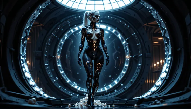 cybernetic corruption, seductive cybernatic vampire, Mirror Chamber: A lone vampire with mirrored chrome skin tattoos, pearl‑white hair in a high ponytail, wearing a reflective bodysuit of liquid metal. She stands in a circular chamber of rotating mirror s...