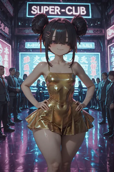 female, cute, school girl, sexy, school prom, formal ware, inside, night, night club, dance floor, neon lights, people, wearing a tight yellow skimpy dress, glossy, sparkly dress, super short dress, bangs over eyes, massive , pleased, hair in a bun, hair p...