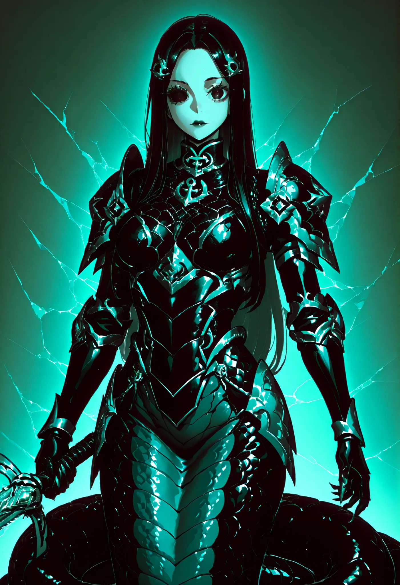 Lamia style girl. Centipede body. Black snake. Green scale pattern. Black hair ornament. Armor knight. Bright hair. Long hair. Asymmetric eyes. Snake eyes. Snake skin face. Anchor charm on collar. Black armor. Purple decoration. Holographic crack costume. ...