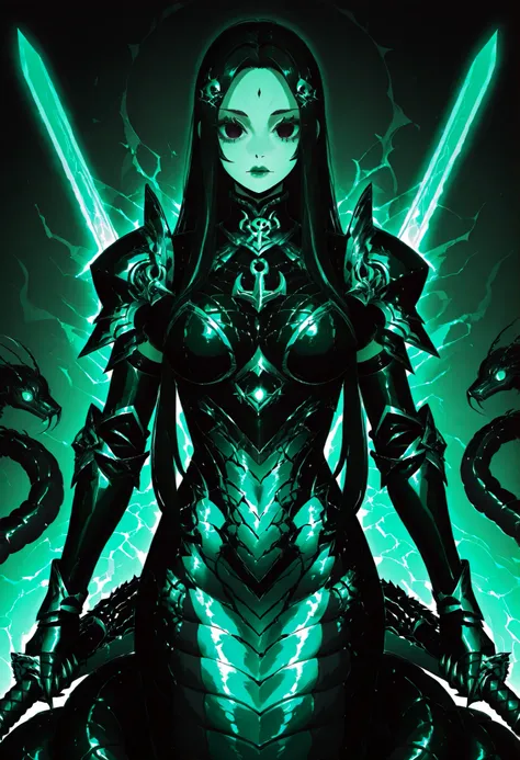 Lamia style girl. Centipede body. Black snake. Green scale pattern. Black hair ornament. Armor knight. Bright hair. Long hair. Asymmetric eyes. Snake eyes. Snake skin face. Anchor charm on collar. Black armor. Purple decoration. Holographic crack costume. ...
