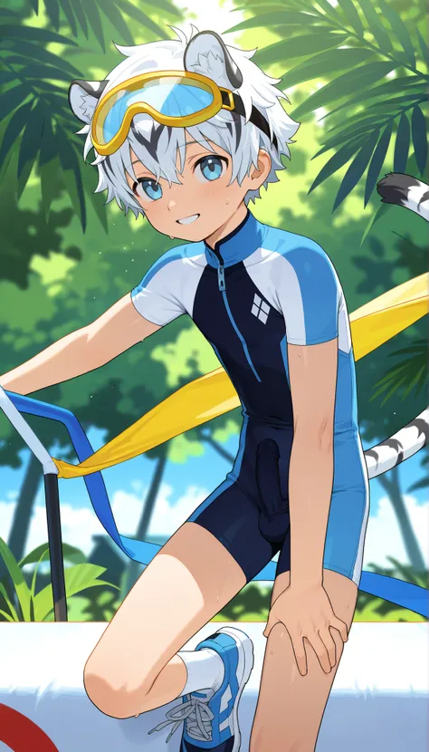 a boy, short hair,cute,一个棕发的穿着白色裤袜的 Shota, wearing goggles on the head, White Tiger Ears , masterpiece, best quality ,male focus, Shota,summer,Short sleeve,cowboy shot,Little Hero,happy,(( white socks)),sneakers,shota wearing a white form-fitting one-piece...