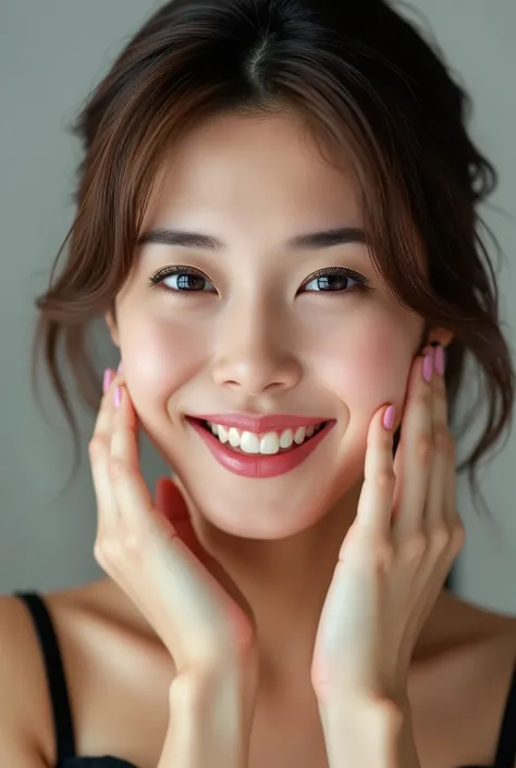 extreme close-up portrait, beautiful girl with her love-struck, radiant face filling the entire frame (95% face ratio), gently placing both open hands on her flushed cheeks with soft fingers, soft black camisole, white blurred background, eyes dreamy and h...